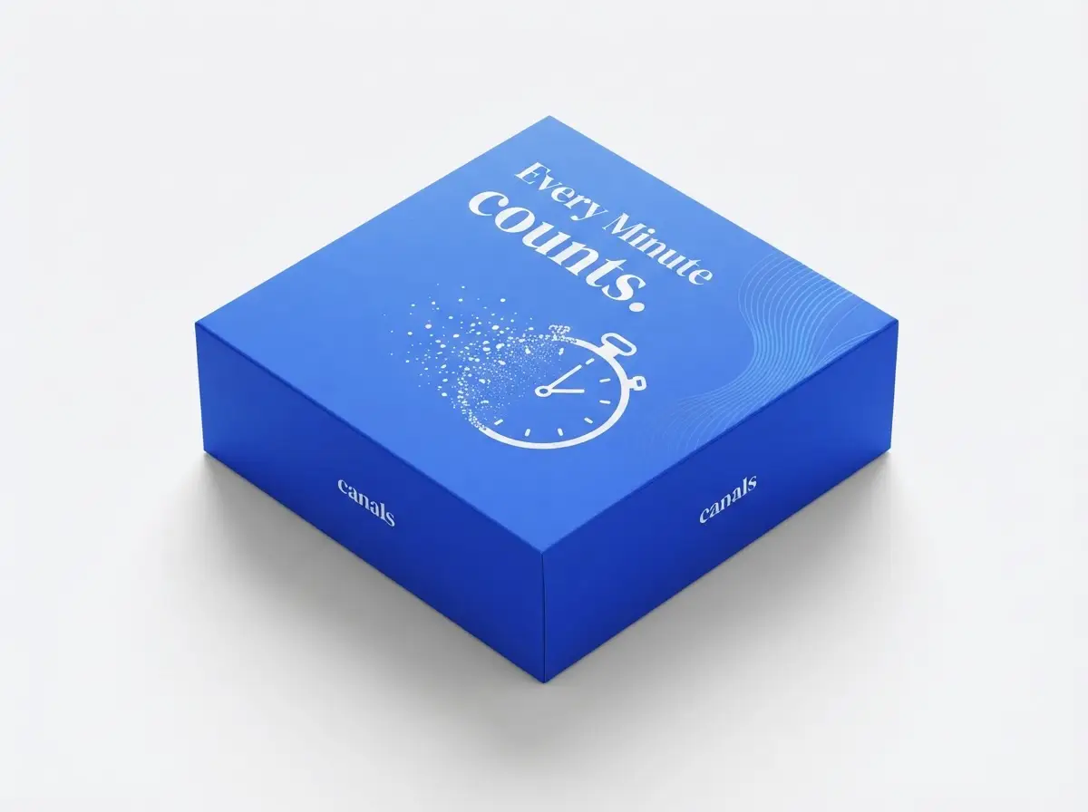 A Canals blue 3D product box featuring the text 'Every Minute counts.' with a dissolving stopwatch graphic
